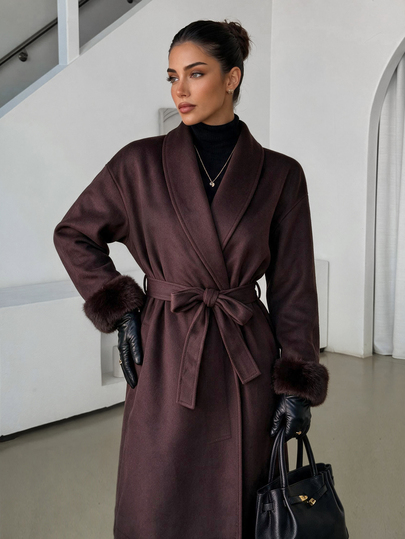 Lavishia Modischer Plüsch-Manschetten-Mantel in Dunkelbraun, mittellanger Mantel, Herbst-Lässig-Elegant-Anlass, einfarbige kurze Jacke, Business-Pendler-Jacke, Vintage-Reich-Stil Wintermantel