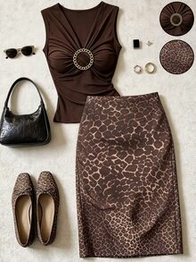 Franclia Lady's Solid Color Pleated Metal Ring Clasp Top And Chocolate Brown Leopard Print Dress, Suitable For Summer Elegant Sexy Dressing For Dinner Party - Brown - View 1