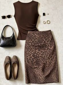 Franclia Lady's Solid Color Pleated Metal Ring Clasp Top And Chocolate Brown Leopard Print Dress, Suitable For Summer Elegant Sexy Dressing For Dinner Party - Brown - View 2