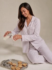 Athîral Casual Women's Baby Pink Striped Long Sleeve PJS, Woven Fabric Sleepwear With Collar, Pockets, And Matching Long Pants Soft PJS Button Up PJS - Baby Pink - View 5