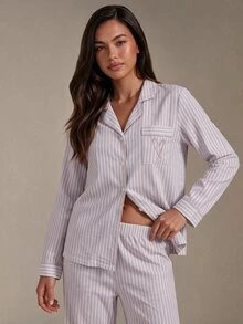 Athîral Casual Women's Baby Pink Striped Long Sleeve PJS, Woven Fabric Sleepwear With Collar, Pockets, And Matching Long Pants Soft PJS Button Up PJS - Baby Pink - View 6