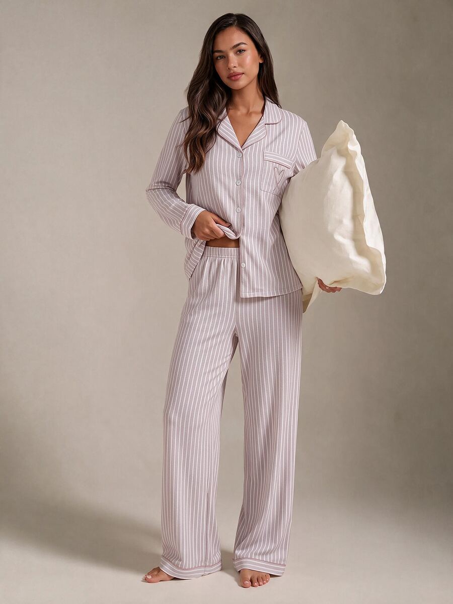 Athîral Casual Women's Baby Pink Striped Long Sleeve PJS, Woven Fabric Sleepwear With Collar, Pockets, And Matching Long Pants Soft PJS Button Up PJS - Baby Pink - View 1