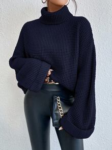 SHEIN 女式休闲纯色圆领长袖毛衣 - 藏蓝色 - 查看 2