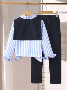 SHEIN 青少年男孩套裝：白色熱帶風正式襯衫、海軍藍長褲、披肩，適合學校假期秋季 - 藏蓝色 - 查看 3