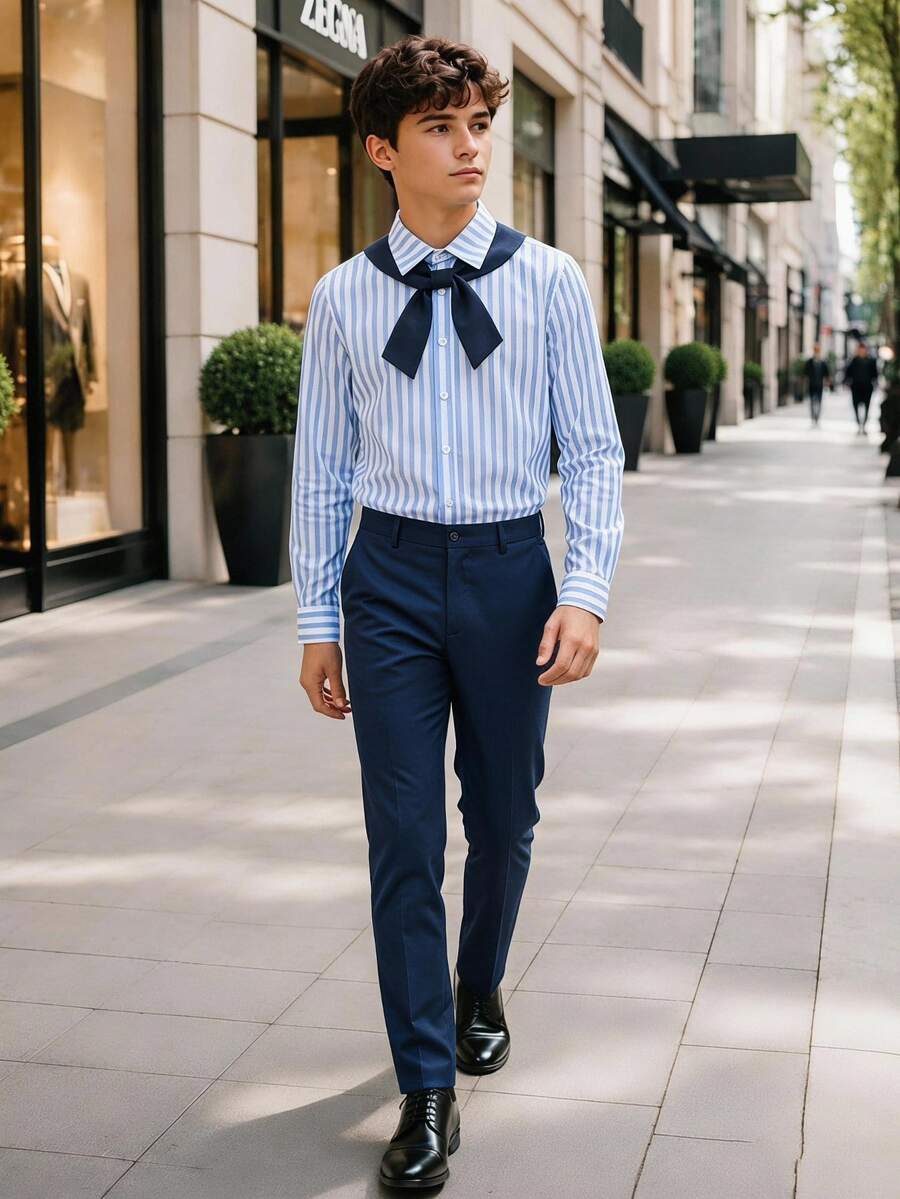SHEIN 青少年男孩套裝：白色熱帶風正式襯衫、海軍藍長褲、披肩，適合學校假期秋季