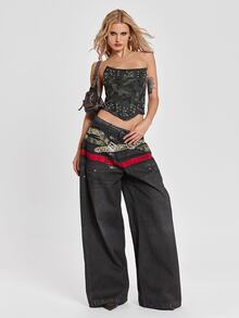 ROMWE Y2K Street Style Rhinestone & Beaded Camo Denim Corset Top - Green - View 5