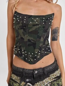 ROMWE Y2K Street Style Rhinestone & Beaded Camo Denim Corset Top - Green - View 11