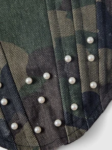 ROMWE Y2K Street Style Rhinestone & Beaded Camo Denim Corset Top - Green - View 4
