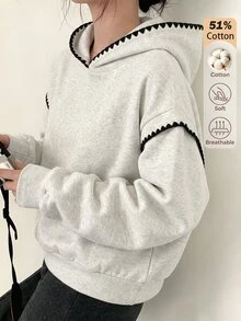 SHEIN 青少年女孩秋季黑白配色連帽衛衣 扇形飾邊 寬鬆版型 落肩長袖套頭衫 六年級畢業 大學風格可愛 - 灰色 - 查看 4