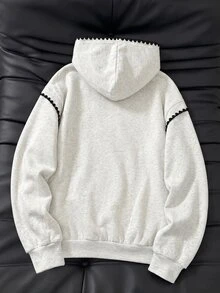 SHEIN 青少年女孩秋季黑白配色連帽衛衣 扇形飾邊 寬鬆版型 落肩長袖套頭衫 六年級畢業 大學風格可愛 - 灰色 - 查看 3