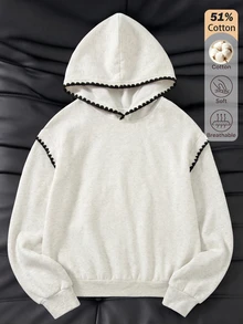 SHEIN 青少年女孩秋季黑白配色連帽衛衣 扇形飾邊 寬鬆版型 落肩長袖套頭衫 六年級畢業 大學風格可愛 - 灰色 - 查看 5