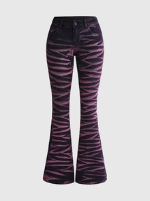 ROMWE Y2K Punk Street Style Pink Cat Whisker Distressed Colorblock Slim Fit Flare Jeans For Women - Black - View 7