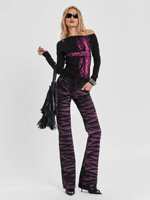 ROMWE Y2K Punk Street Style Pink Cat Whisker Distressed Colorblock Slim Fit Flare Jeans For Women - Black - View 2