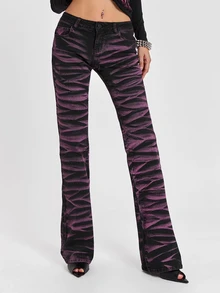 ROMWE Y2K Punk Street Style Pink Cat Whisker Distressed Colorblock Slim Fit Flare Jeans For Women - Black - View 5