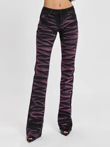 ROMWE Y2K Punk Street Style Pink Cat Whisker Distressed Colorblock Slim Fit Flare Jeans For Women - Black - View 6