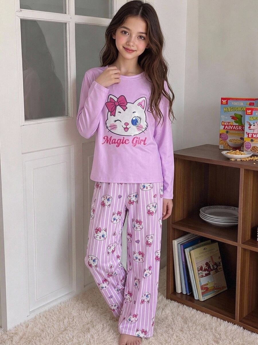 SHEIN Tween Girl 卡通印花圓領套頭上衣與寬鬆長褲針織面料柔軟舒適休閒睡衣套裝 - 杏色 - 查看 1