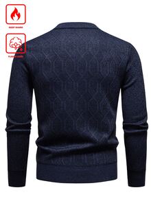 Manfinity Homme Men's Autumn/Winter Thermal Lined V-Neck Long Sleeve Casual Versatile Sweater, Old Money - Navy Blue - View 2