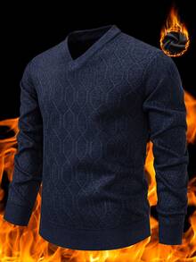 Manfinity Homme Men's Autumn/Winter Thermal Lined V-Neck Long Sleeve Casual Versatile Sweater, Old Money - Navy Blue - View 1