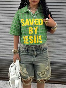 Rovax Women's Plaid Collar Single-Breasted Slogan Print Fashionable Versatile Commuter Short Sleeve Shirt - Green - View 5