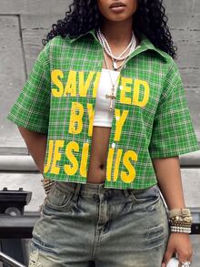 Rovax Women's Plaid Collar Single-Breasted Slogan Print Fashionable Versatile Commuter Short Sleeve Shirt - Green - View 4