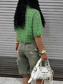 Rovax Women's Plaid Collar Single-Breasted Slogan Print Fashionable Versatile Commuter Short Sleeve Shirt - Green - View 2