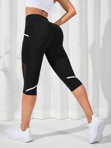 Easithlete Easithlete Contrast Mesh Insert Wideband Waist Sports Leggings Yoga Women Pants - Black - View 2
