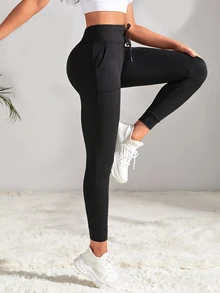 Easithlete Easithlete Women's Drawstring Waist Hiking Legging With Pockets AndTapered Cuffs For Running Yoga Exercize Wear - Black - View 7