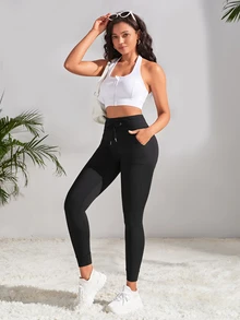 Easithlete Easithlete Women's Drawstring Waist Hiking Legging With Pockets AndTapered Cuffs For Running Yoga Exercize Wear - Black - View 5