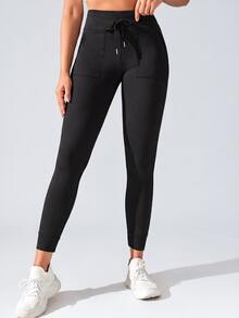 Easithlete Easithlete Women's Drawstring Waist Hiking Legging With Pockets AndTapered Cuffs For Running Yoga Exercize Wear - Black - View 2