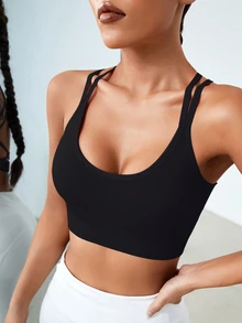 SHEIN Sports حمالة صدر رياضية للنساء بتصميم متقاطع ظهر مفتوح، دعم خفيف، ملابس رياضية - الأسود - مشاهدة 2