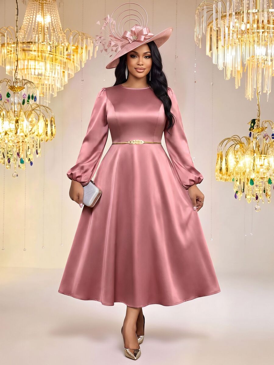Fleurora Spring And Summer Elegant Plus Size Long Sleeve A Line Dress Bishop Sleeve Fall Formal Party Pink - Dusty Pink - View 1