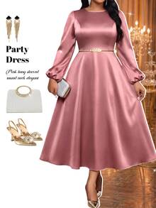 Fleurora  Spring And Summer Elegant Plus Size Long Sleeve A Line Dress Bishop Sleeve Fall Formal Party Pink - Dusty Pink - View 5