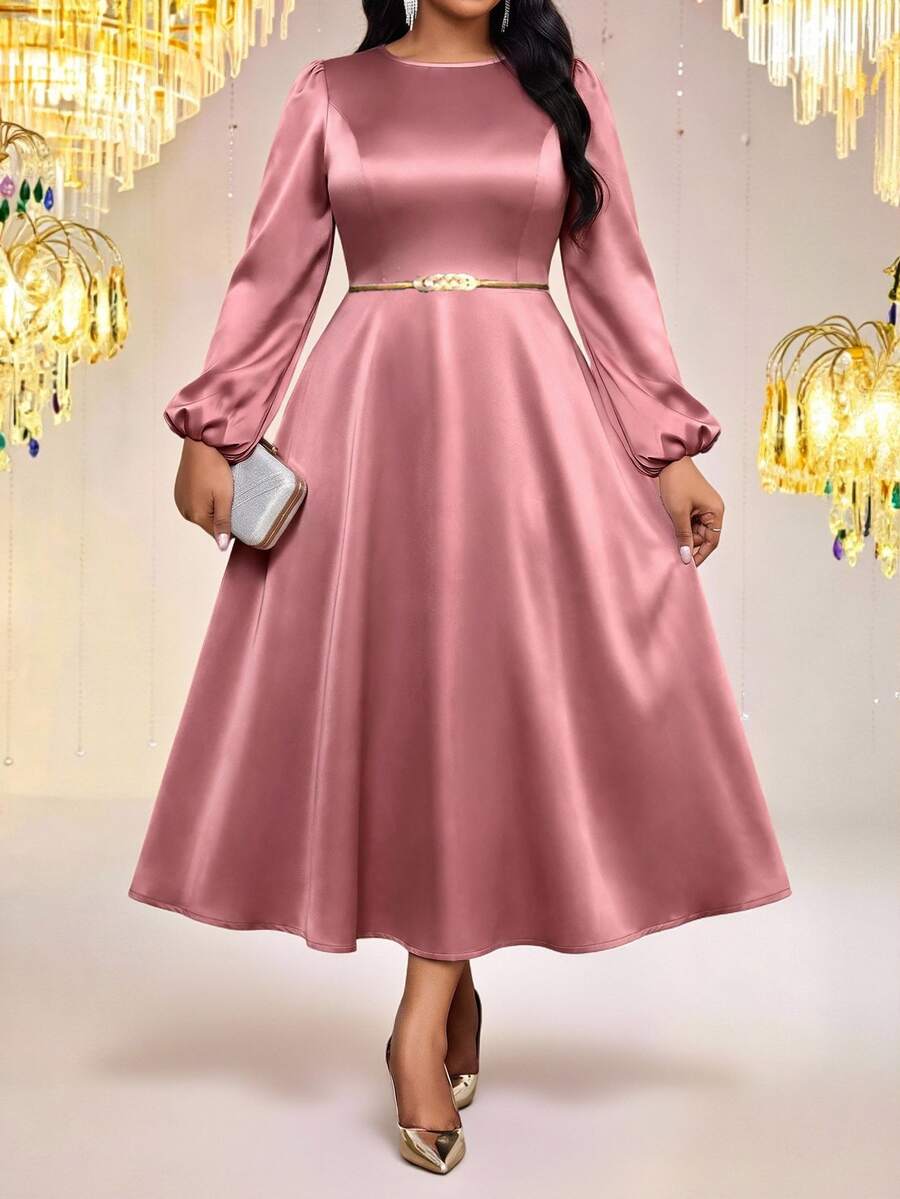 Fleurora Spring And Summer Elegant Plus Size Long Sleeve A Line Dress Bishop Sleeve Fall Formal Party Pink - Dusty Pink - View 1