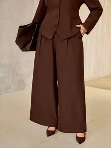 Roveilla 大尺碼女款秋季優雅辦公正式深U領前開襟長袖西裝外套＋鬆緊腰寬腿褲 2件套套裝 棕色 - 棕色 - 查看 7