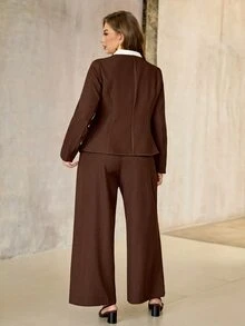 Roveilla 大尺碼女款秋季優雅辦公正式深U領前開襟長袖西裝外套＋鬆緊腰寬腿褲 2件套套裝 棕色 - 棕色 - 查看 2