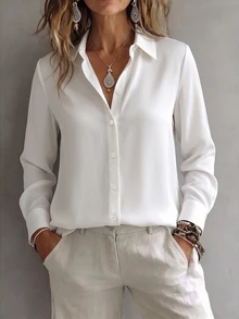 Omancia Women's Solid Color Casual Versatile Daily Wear Shirt - White - View 1