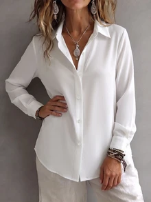 Omancia Women's Solid Color Casual Versatile Daily Wear Shirt - White - View 4