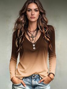 Omancia V-Neck Gradient Design Casual T-Shirt, Spring/Autumn Graphic Tees Women Tops - Multicolor - View 3
