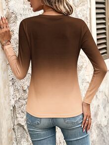 Omancia V-Neck Gradient Design Casual T-Shirt, Spring/Autumn Graphic Tees Women Tops - Multicolor - View 2