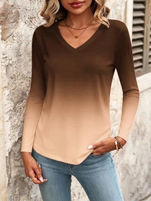 Omancia V-Neck Gradient Design Casual T-Shirt, Spring/Autumn Graphic Tees Women Tops - Multicolor - View 5