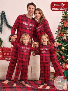 2pcs/Set Boys Casual New Year Letter Plaid Print Crew Neck Long Sleeve Pants Snug Fit Loungewear Comfortable Soft - Red - View 6
