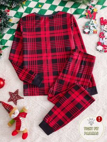2pcs/Set Boys Casual New Year Letter Plaid Print Crew Neck Long Sleeve Pants Snug Fit Loungewear Comfortable Soft - Red - View 2