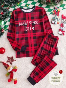 2pcs/Set Boys Casual New Year Letter Plaid Print Crew Neck Long Sleeve Pants Snug Fit Loungewear Comfortable Soft - Red - View 4