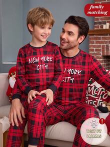 2pcs/Set Boys Casual New Year Letter Plaid Print Crew Neck Long Sleeve Pants Snug Fit Loungewear Comfortable Soft - Red - View 5