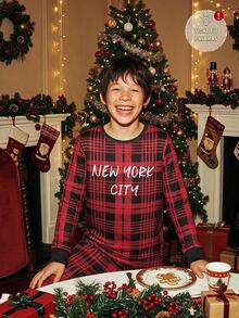 2pcs/Set Boys Casual New Year Letter Plaid Print Crew Neck Long Sleeve Pants Snug Fit Loungewear Comfortable Soft - Red - View 1
