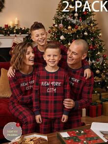 2pcs/Set Boys Casual New Year Letter Plaid Print Crew Neck Long Sleeve Pants Snug Fit Loungewear Comfortable Soft - Red - View 7