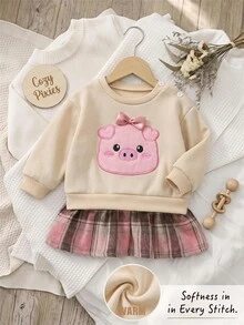 SHEIN Newborn Baby Girl Cartoon Bear Pattern Knitted Soft Round Neck Long Sleeve Pullover Autumn Winter Dress - Multicolor - View 3