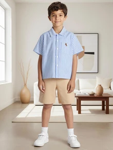 SHEIN 青少年男童绅士两件套：条纹衬衫+短裤/长裤，适合生日派对、婚礼、周年纪念、洗礼、毕业典礼等正式场合。 - 彩色 - 查看 2