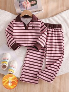 SHEIN 女童學院風 Polo 領 2 件套，粉色與棕色條紋對比翻領長袖上衣 + 高腰寬腿褲，經典馬術印花休閒套裝，適合中大童的百搭運動風，適用秋冬日常上學與外出 - 粉色 - 查看 3