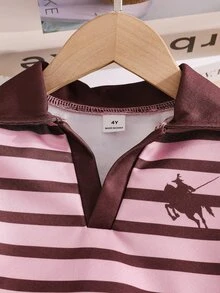 SHEIN 女童學院風 Polo 領 2 件套，粉色與棕色條紋對比翻領長袖上衣 + 高腰寬腿褲，經典馬術印花休閒套裝，適合中大童的百搭運動風，適用秋冬日常上學與外出 - 粉色 - 查看 7